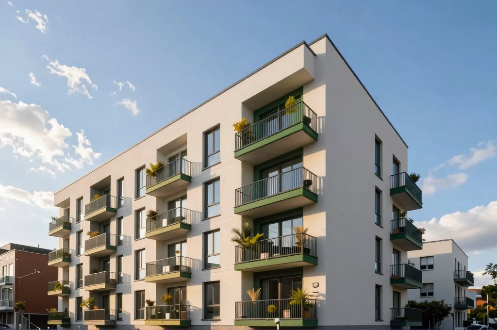 Immeuble résidentiel moderne avec balcons végétalisés, représentant l'habitat contemporain assuré par Luko