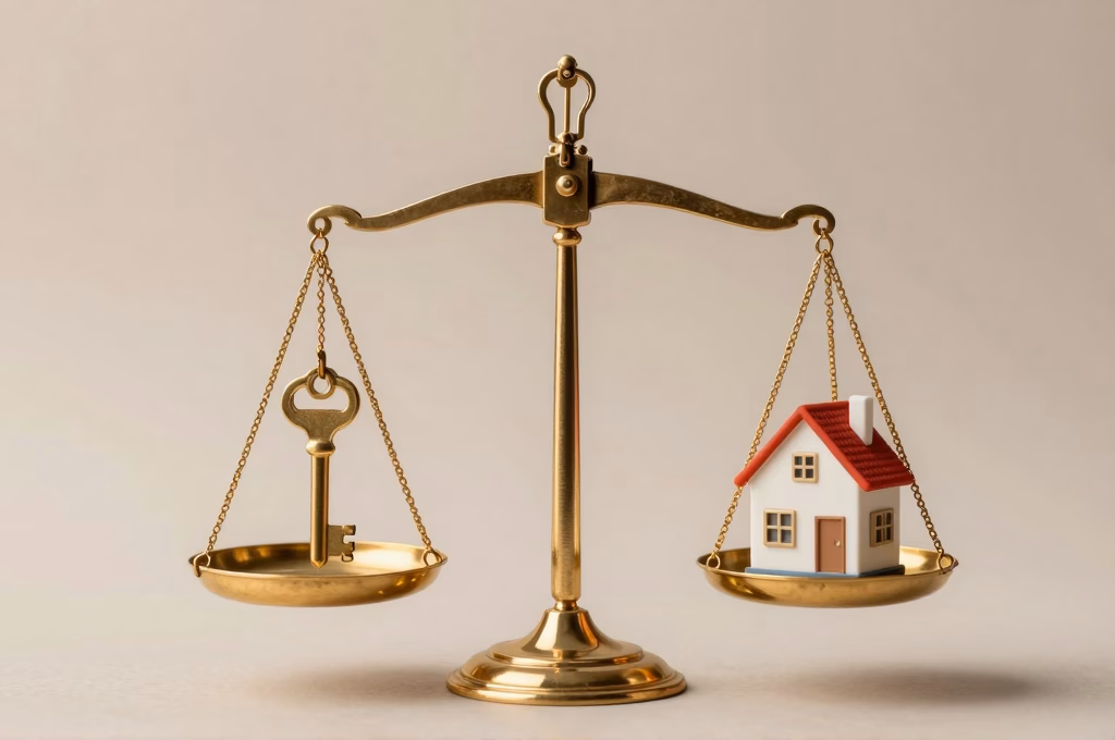 Clé dorée et maison miniature sur une balance symbolisant le choix entre assureurs concurrents