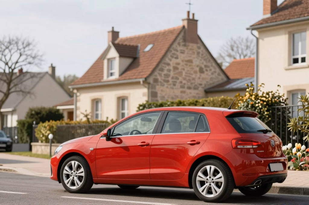 Voiture rouge stationnée dans une rue résidentielle française illustrant les garanties auto MAAF