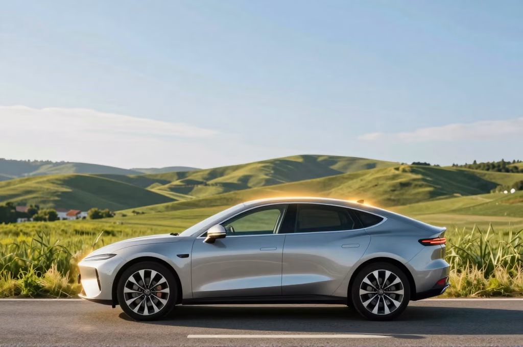 Voiture moderne protegee sur une route de campagne francaise, concept assurance auto Matmut