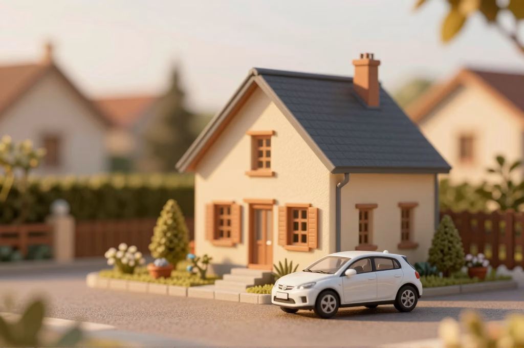 Maison francaise avec jardin et voiture, illustration des garanties habitation et auto Matmut