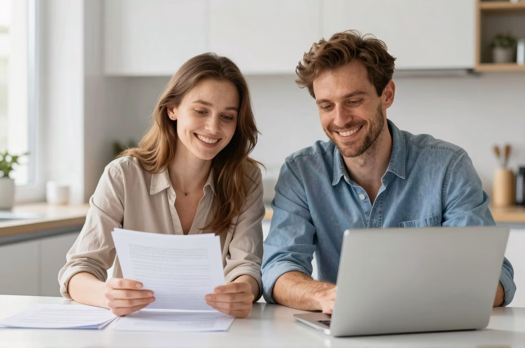 Couple souriant satisfait de leur assurance Matmut, confiance et serenite