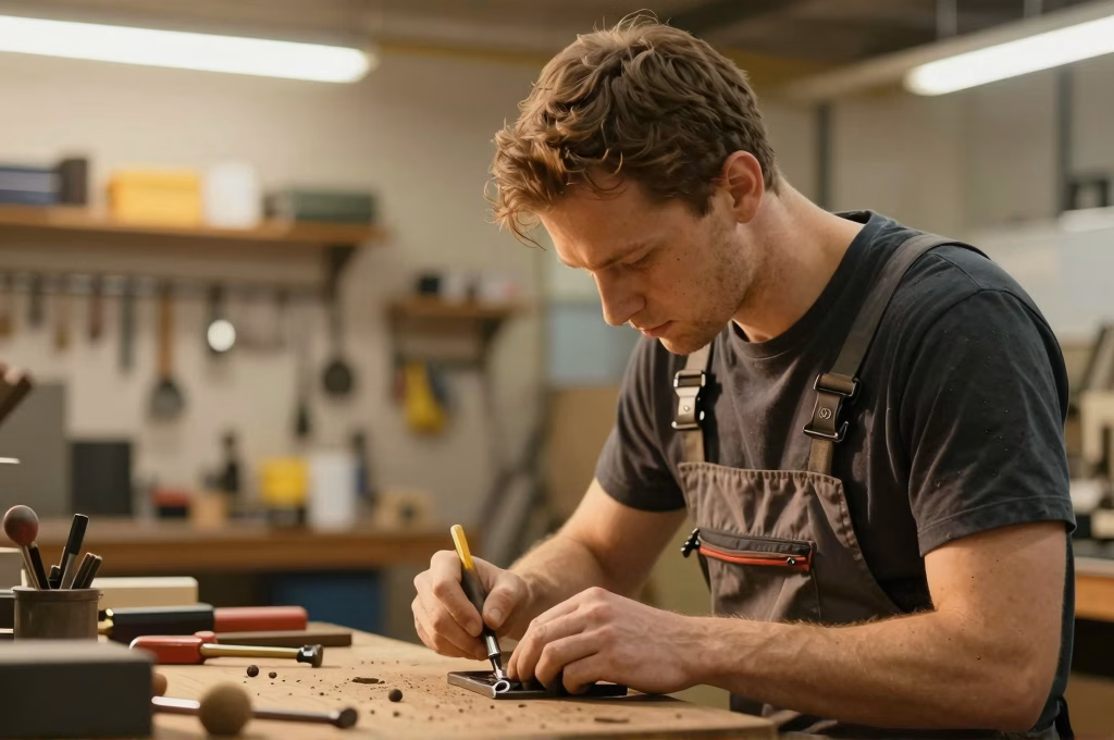 Artisan professionnel travaillant dans son atelier, protege par son assurance MMA