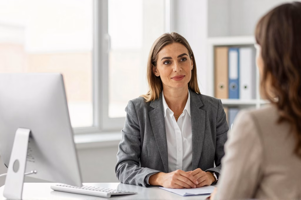 Conseillere en agence MMA lors d'une consultation personnalisee avec un client