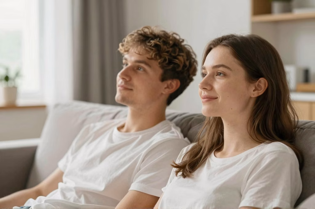 Couple serein et detendu a la maison, illustrant la tranquillite d'esprit avec MMA