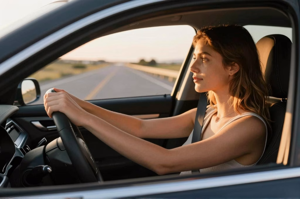 Conductrice sereine au volant de sa voiture assuree chez L'Olivier avec lumiere doree