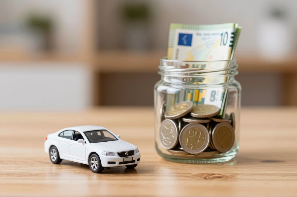 Voiture miniature et bocal de pieces representant les economies sur l'assurance auto L'Olivier