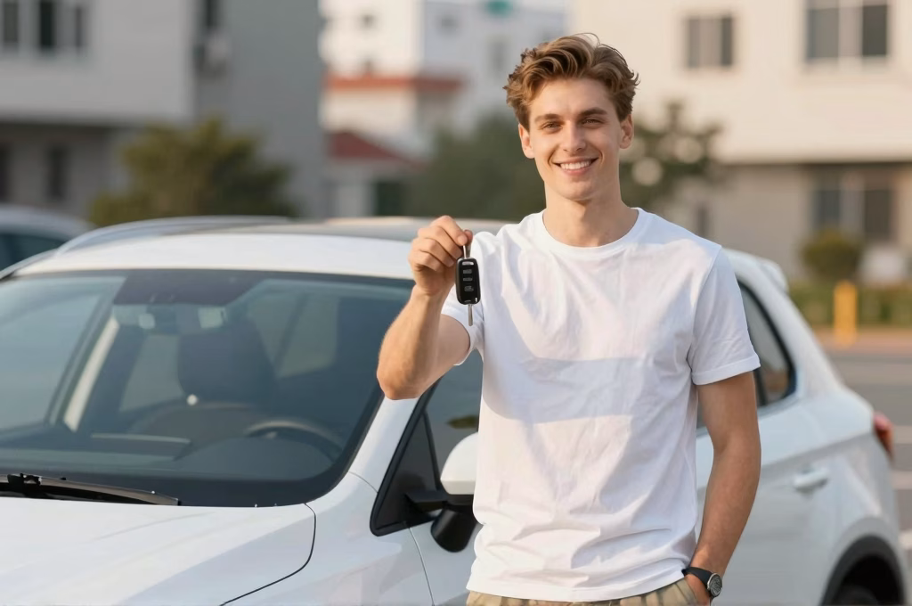 Jeune conducteur souriant avec les cles de sa voiture moderne assuree chez L'Olivier Assurance