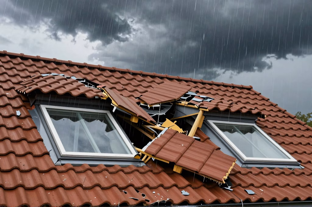 Dégâts de tempête sur une toiture, sinistre catastrophe naturelle