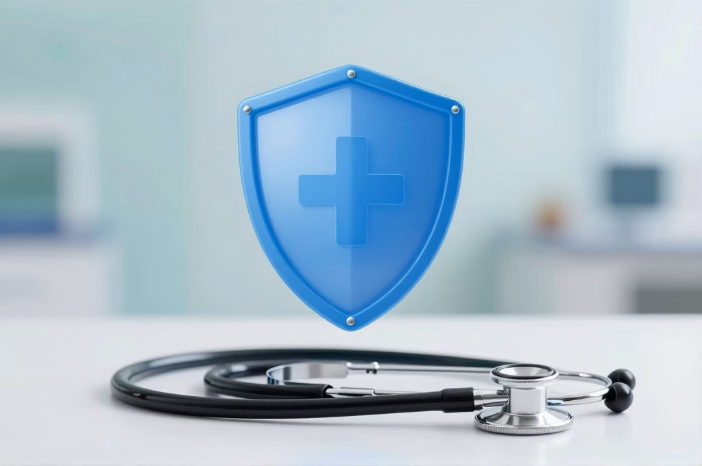 Concept de protection sante avec stethoscope et bouclier symbolique