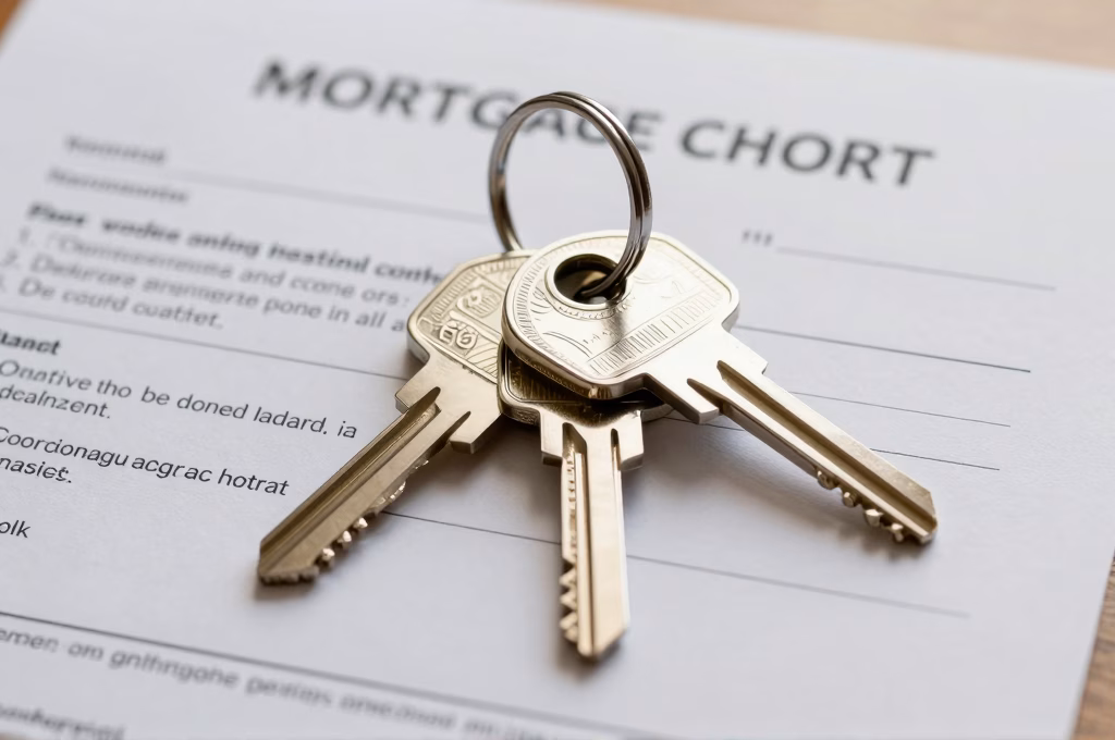 Clés de maison posées sur des documents de contrat d'assurance de prêt immobilier