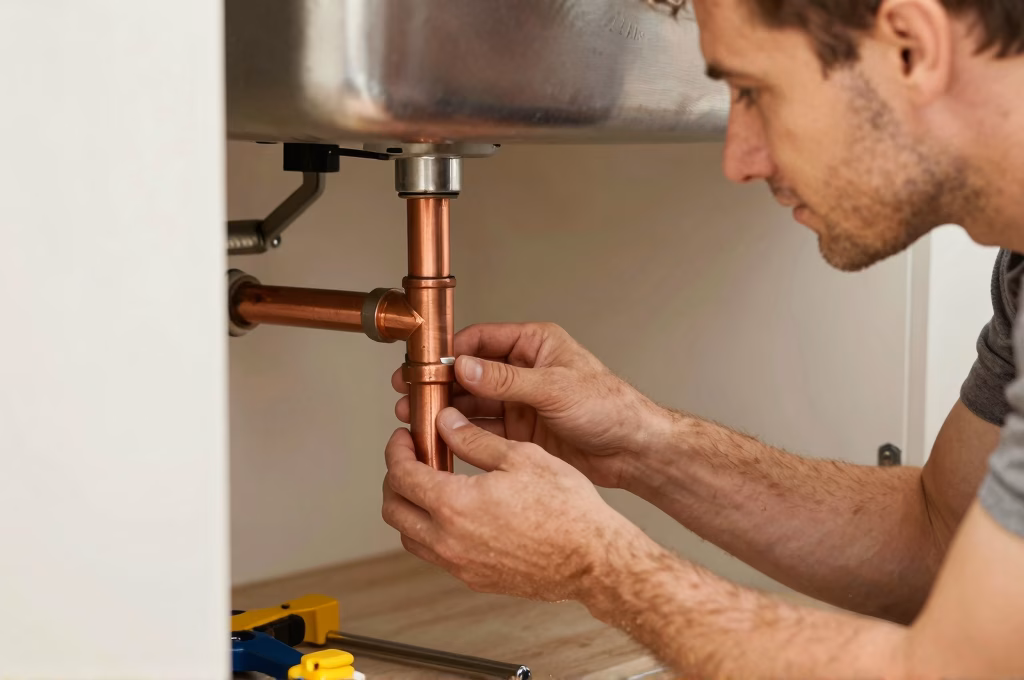 Plombier professionnel reparant une fuite de canalisation sous un evier de cuisine