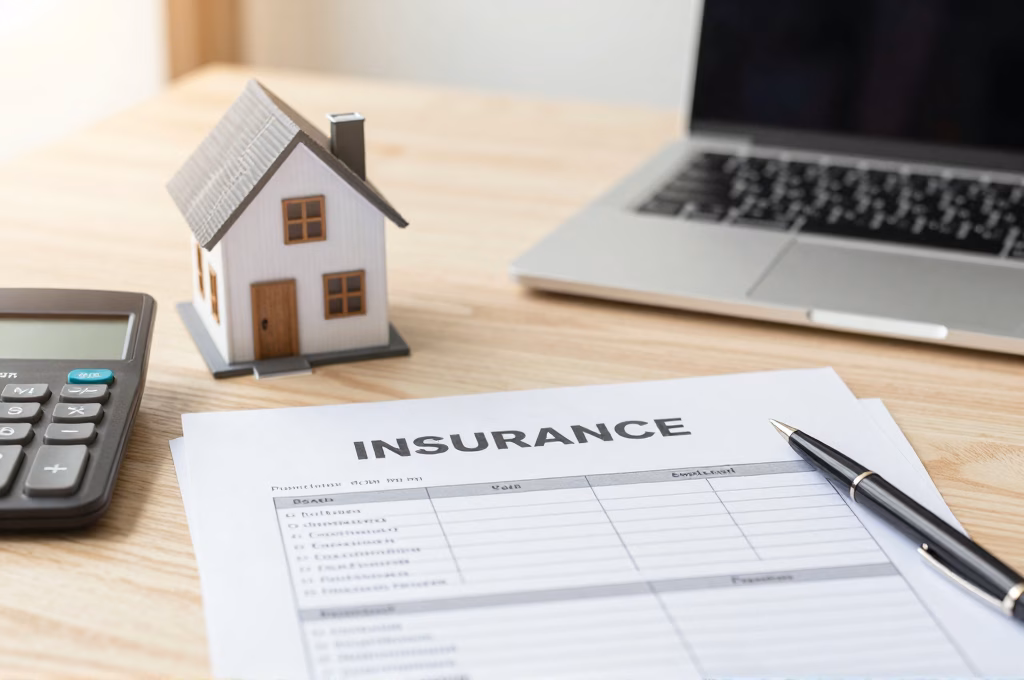 Bureau professionnel avec modèle de maison, documents d'assurance et calculatrice pour la délégation d'assurance emprunteur