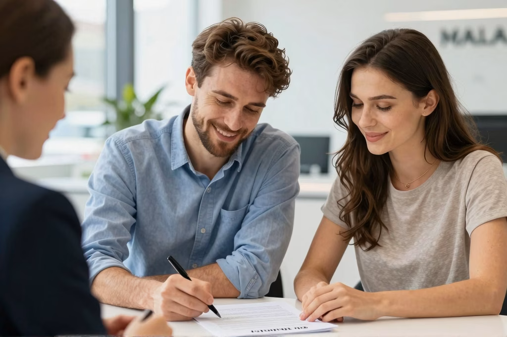 Couple heureux signant des documents d'assurance emprunteur avec un conseiller financier professionnel