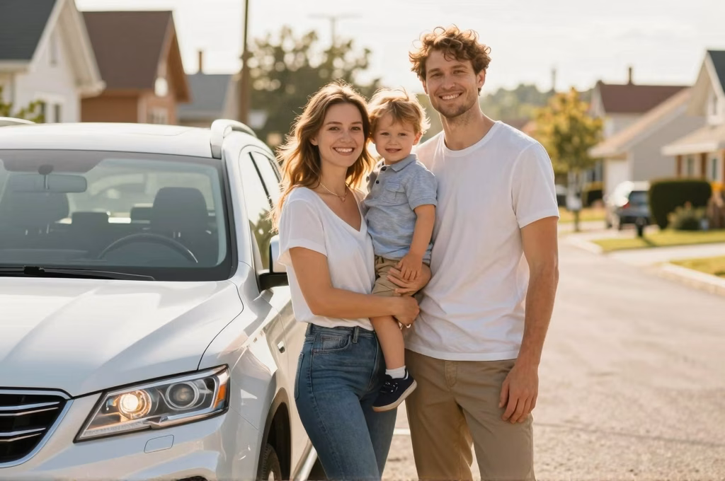 Famille europeenne souriante a cote de leur SUV dans un quartier residentiel