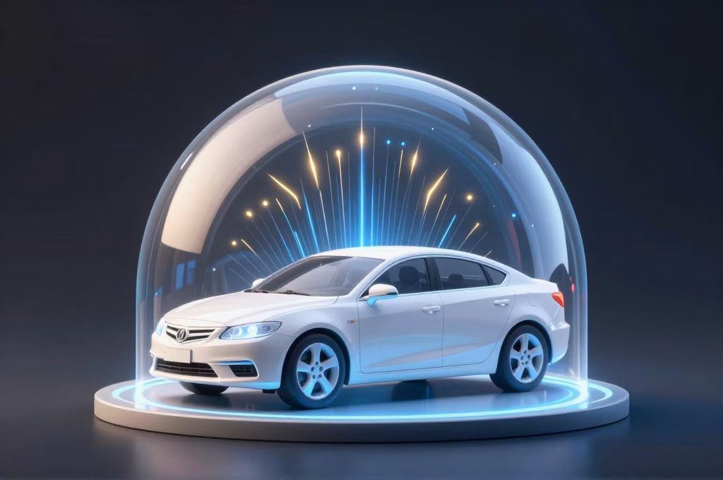 Bouclier de protection lumineux autour d une voiture symbolisant l assurance auto