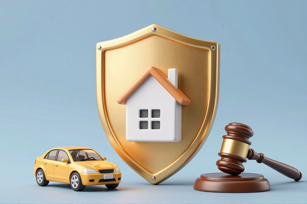 Bouclier protecteur symbolisant la protection juridique de l assure avec maison et voiture miniatures