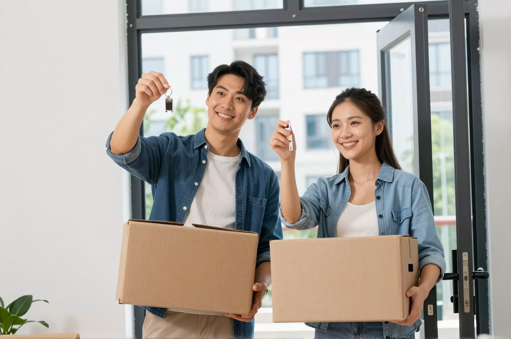 Jeune couple emmenageant dans un nouvel appartement en location