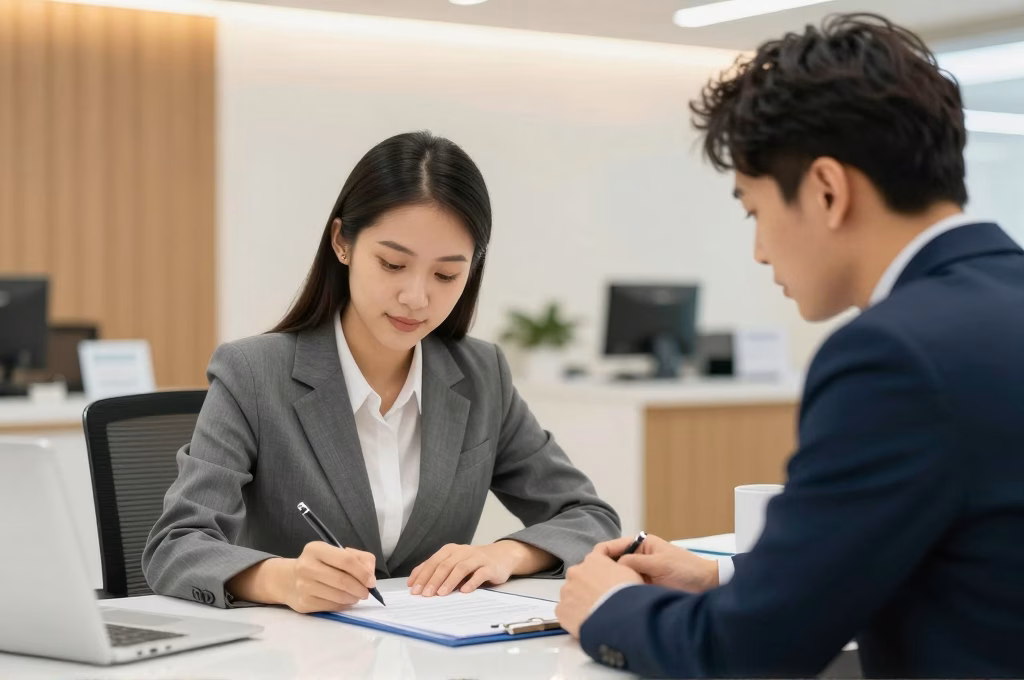 Couple signant un contrat de pret immobilier a la banque