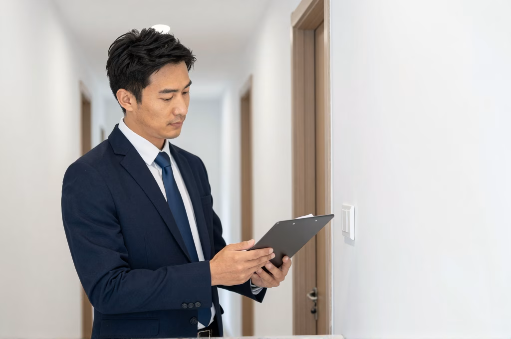 Gestionnaire immobilier inspectant un appartement en location