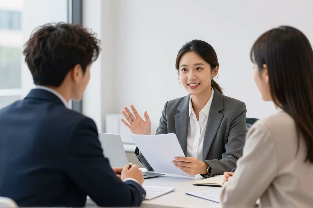 Conseiller bancaire expliquant les taux d assurance emprunteur a un couple