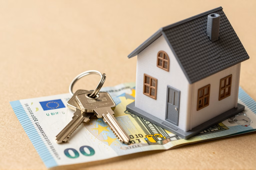 Cles de maison et maquette sur des billets en euros symbolisant le pret immobilier