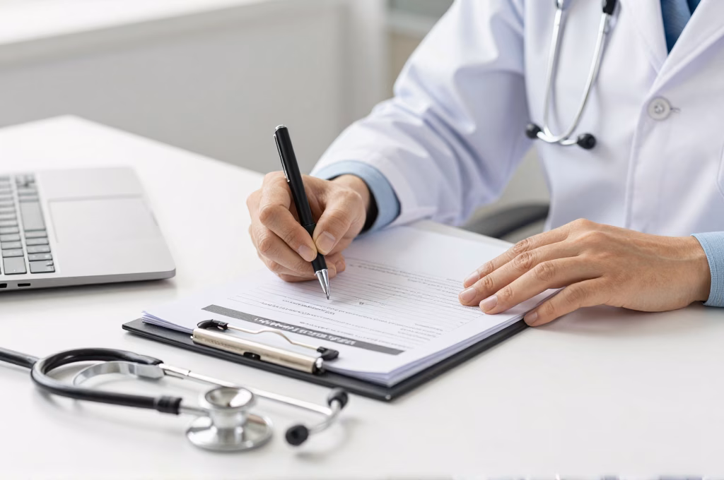 Medecin remplissant un questionnaire de sante sur un formulaire medical