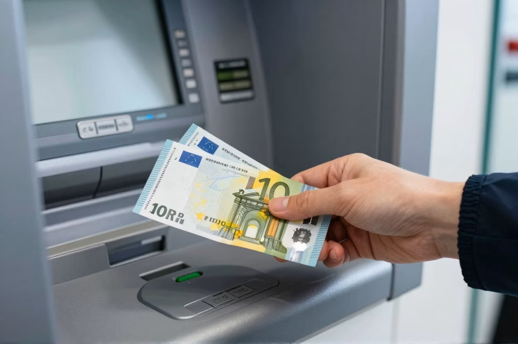 Personne retirant des billets a un distributeur automatique de banque