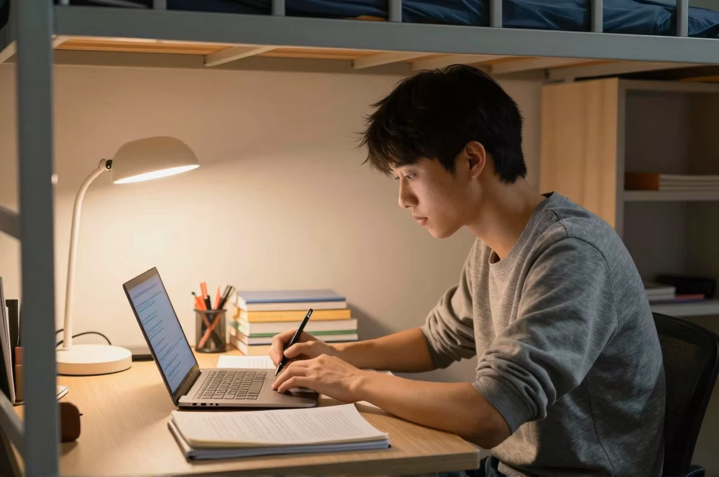 Etudiant travaillant dans sa chambre universitaire avec ordinateur