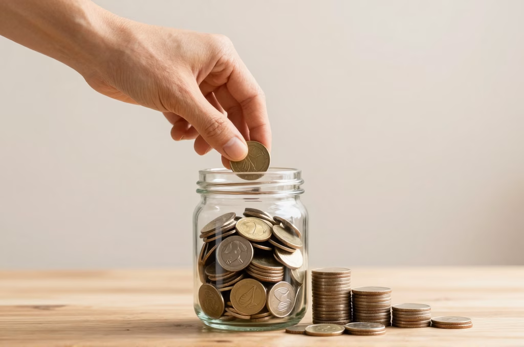 Main deposant des pieces dans un bocal en verre symbolisant les economies