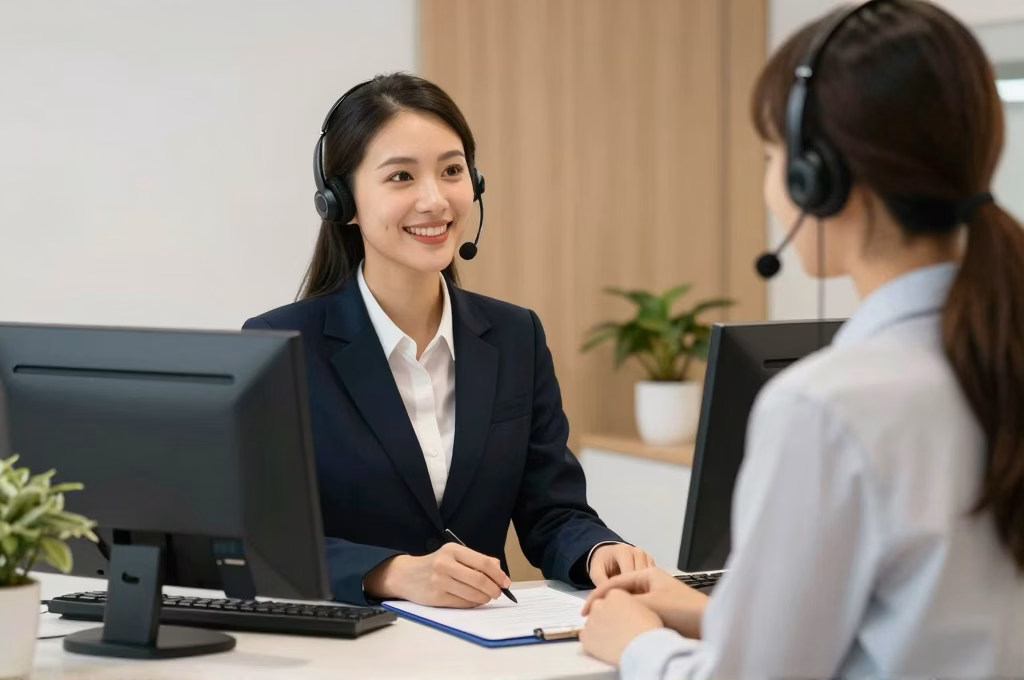 Conseiller d assurance aidant un client au comptoir