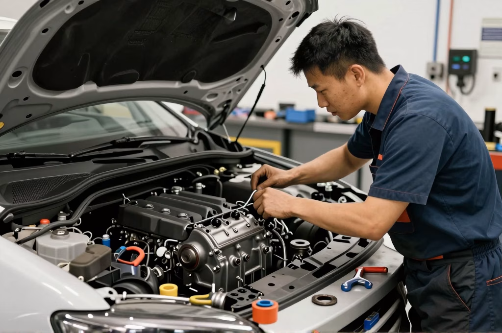 Mecanicien automobile travaillant sur un moteur dans un atelier