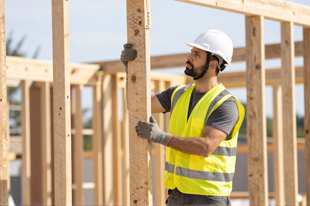 Ouvrier du batiment sur un chantier de construction avec casque et gilet de securite