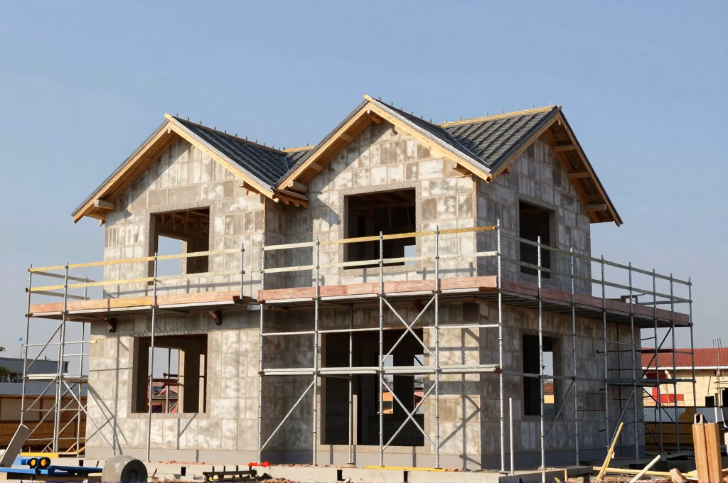 Maison en construction avec echafaudages sur le chantier