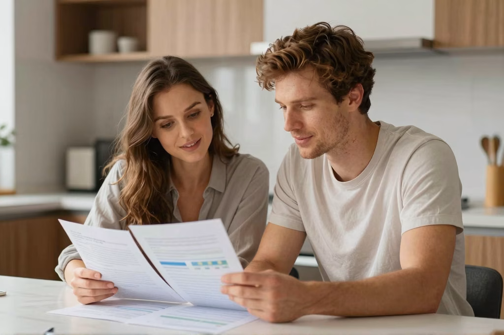Couple planifiant ensemble leurs finances et comparant les contrats d'assurance vie