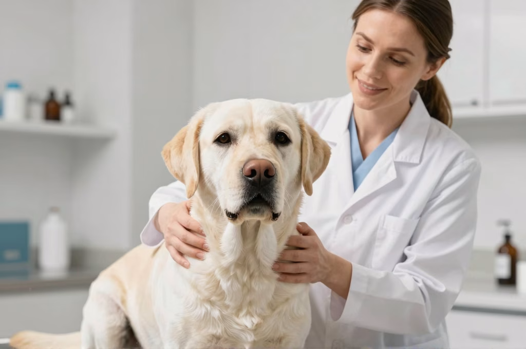 Veterinaire examinant un labrador lors d'une consultation en clinique