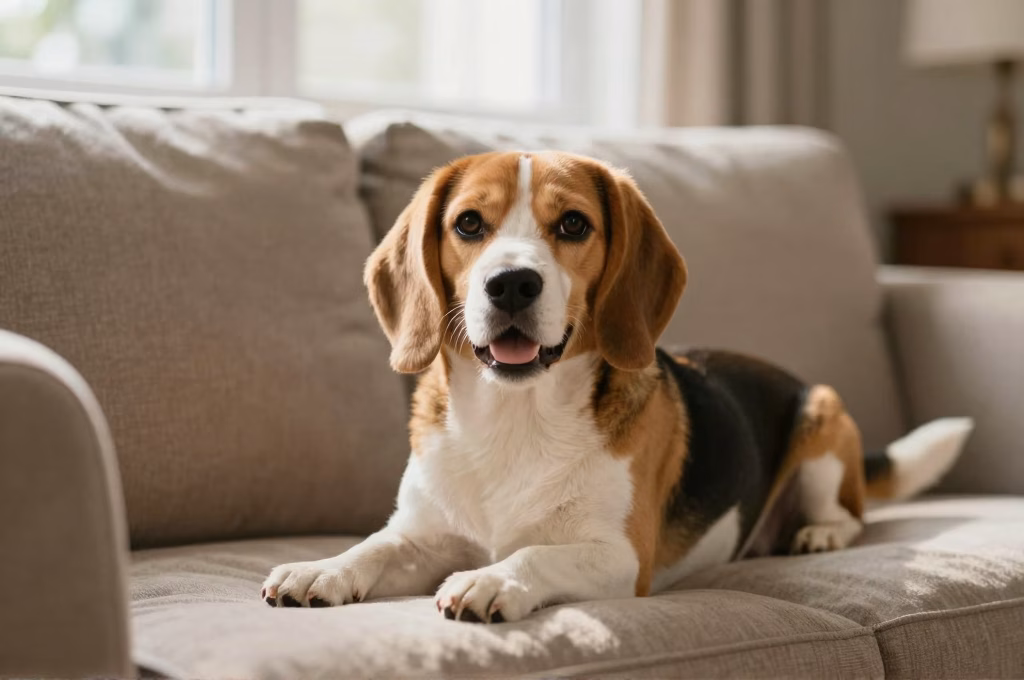 Beagle en bonne sante couche sur un canape dans un interieur chaleureux