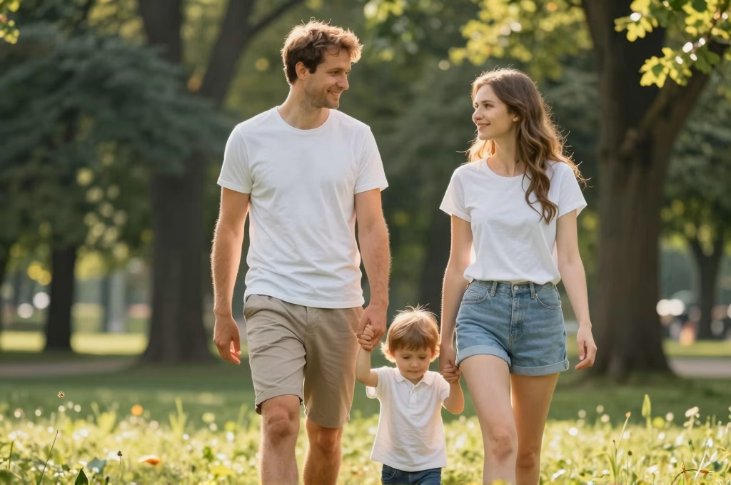 Famille sereine se promenant dans un parc symbolisant la protection offerte par une mutuelle familiale