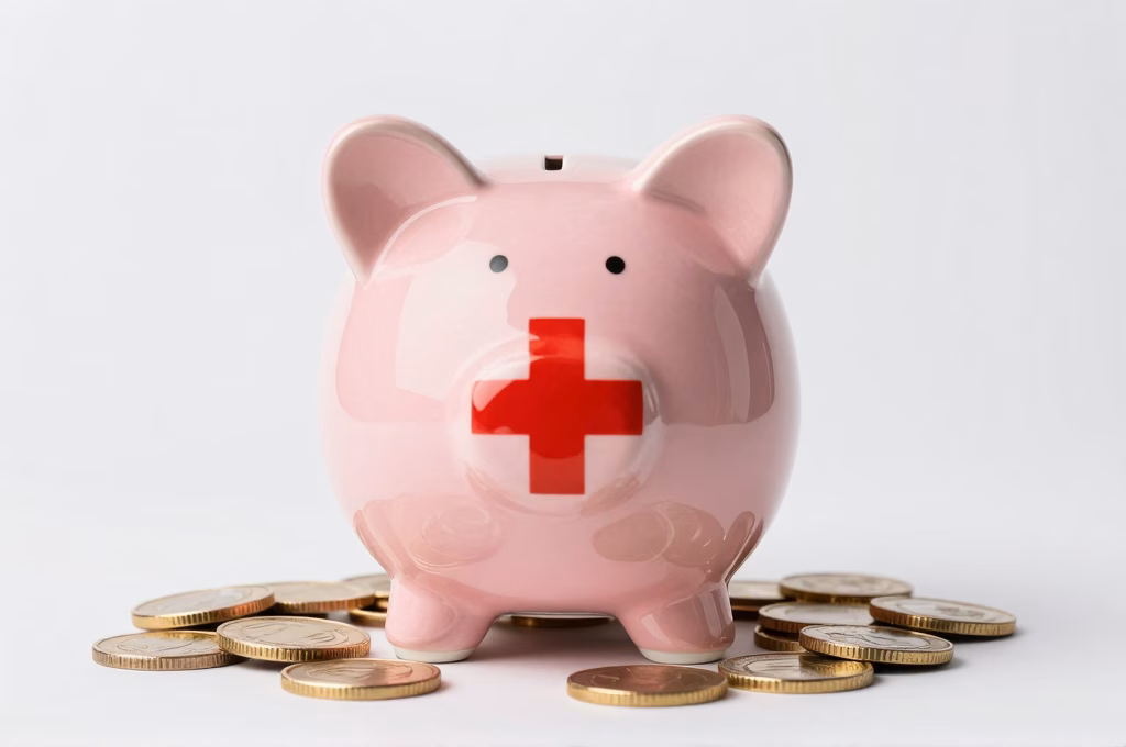 Tirelire rose avec symbole medical entouree de pieces d'or pour illustrer l'epargne sante
