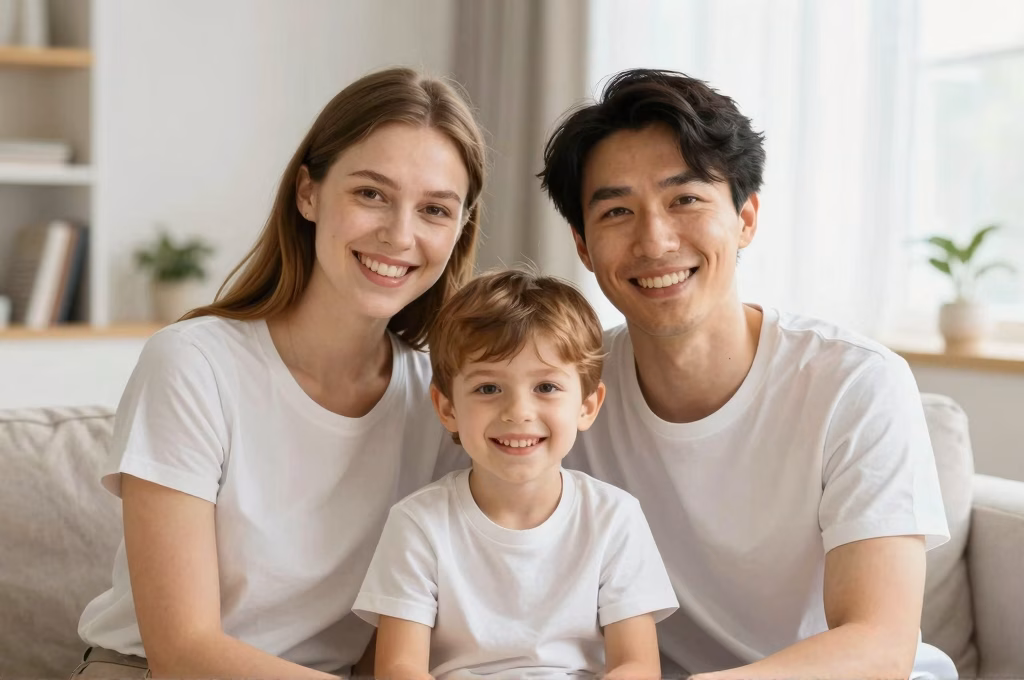 Famille souriante dans un salon lumineux beneficiant d'une complementaire sante economique