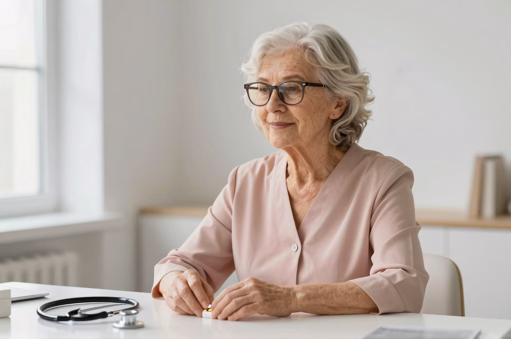 Femme senior avec lunettes, pilulier et équipements de santé sur bureau blanc minimaliste
