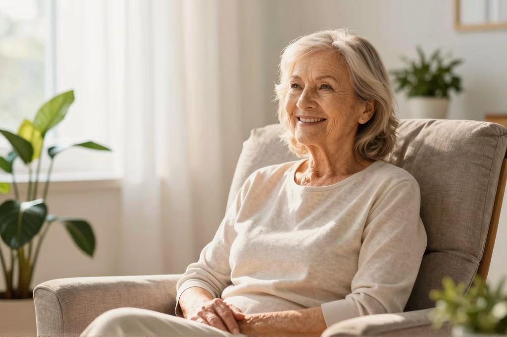 Femme senior souriante détendue dans un intérieur paisible avec plantes et lumière naturelle