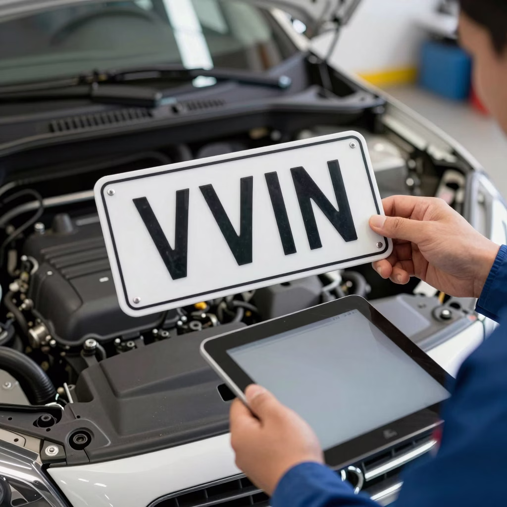 Mécanicien vérifiant le numéro VIN et les références de pièces sur une voiture sans permis