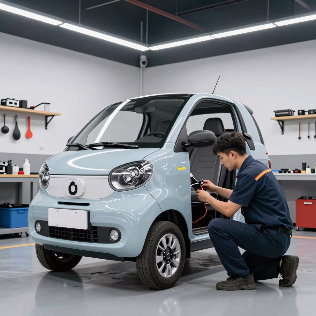 Voiture sans permis en cours de révision dans un atelier mécanique professionnel