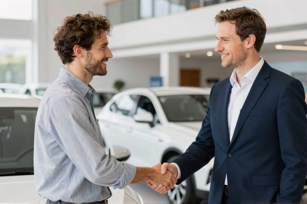 Achat réussi voiture occasion entre client et concessionnaire