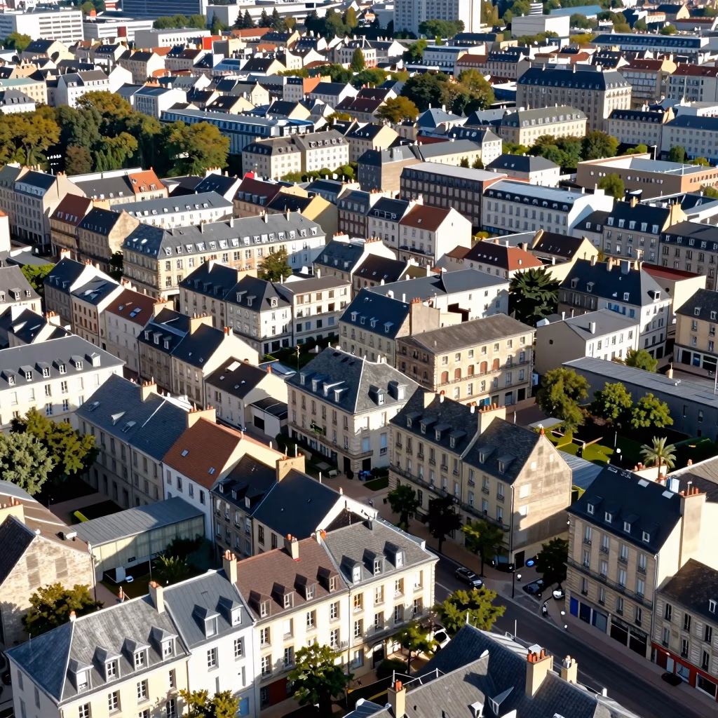 Vue aérienne de ville française avec bâtiments divers pour illustrer le marché immobilier