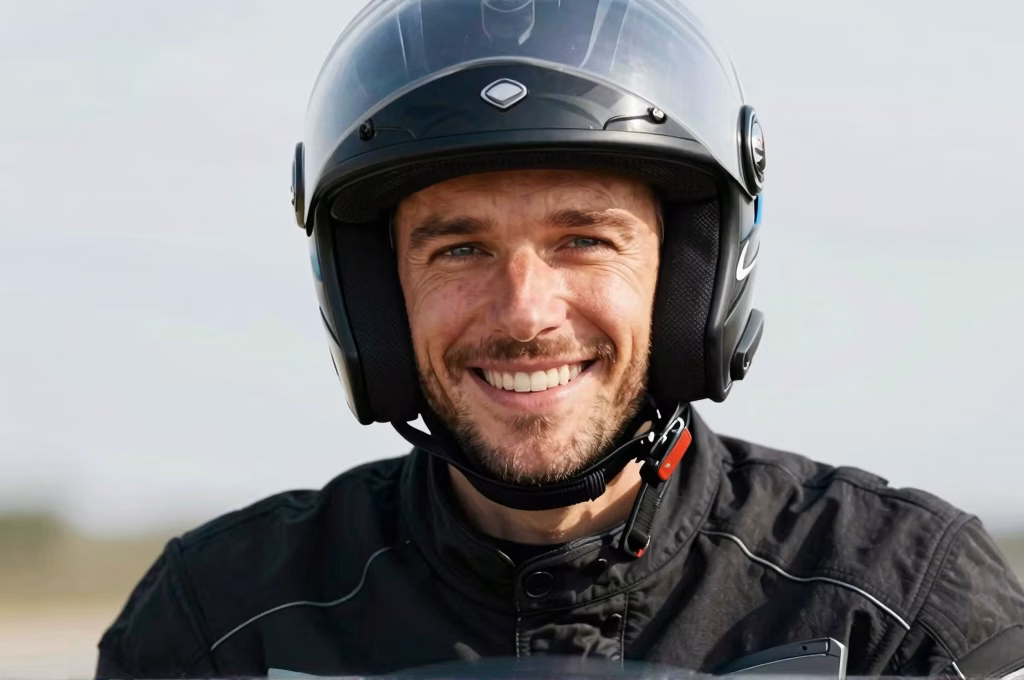 Motard avec casque et blouson en extérieur
