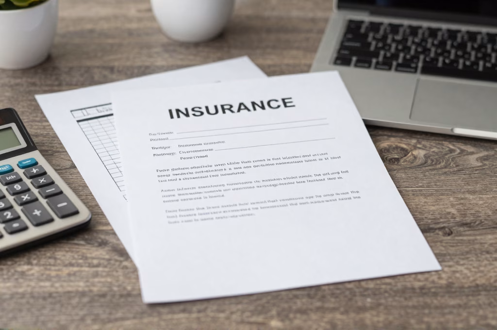 Documents assurance et calculatrice sur bureau moderne