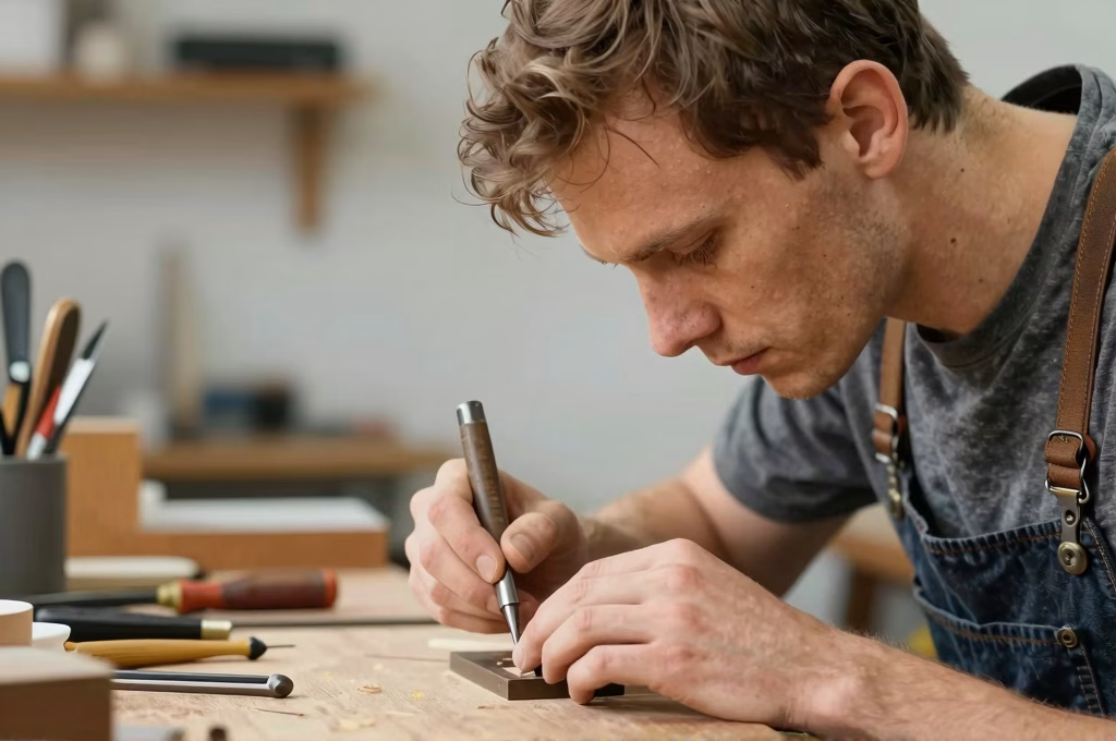 Artisan concentre travaillant avec responsabilite professionnelle dans son atelier