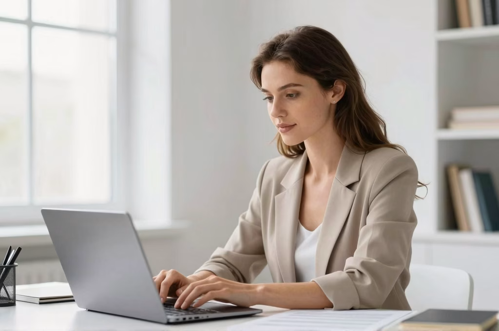 Femme freelancer travaillant sereinement a son bureau avec assurance RC pro